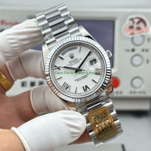 PPM Factory Counterweight Rolex Day Date 228239 0046 40mm White Gold Roman Numerals White Dial 9 Clean Factory Watch